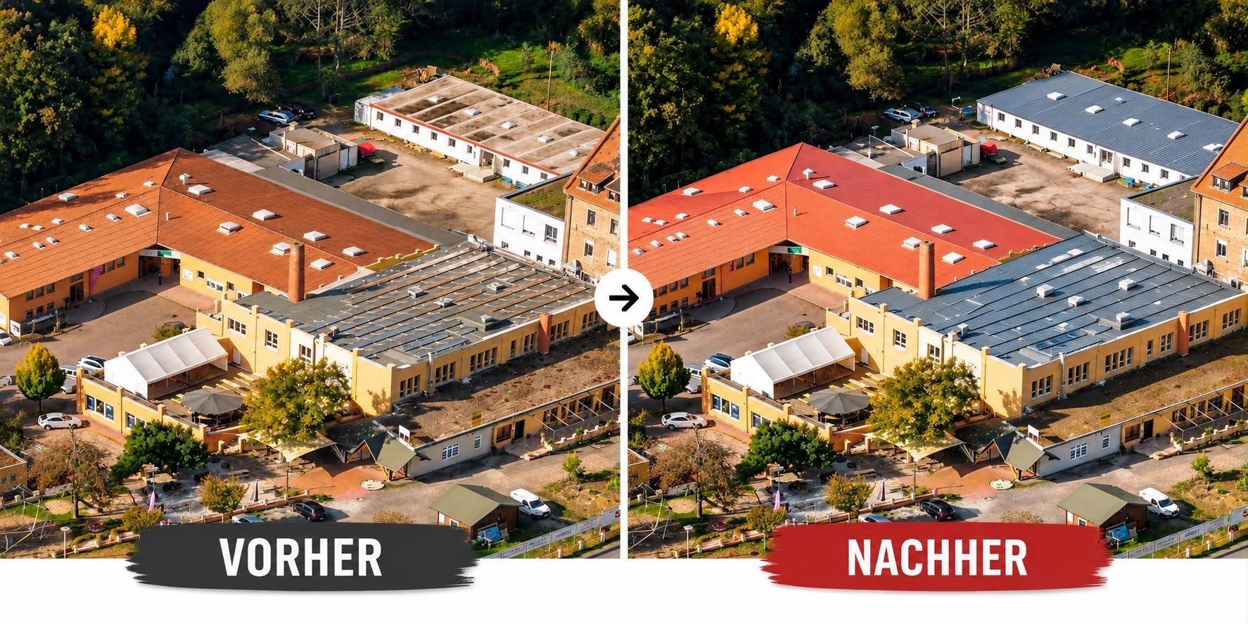 Vorher-Nachher: Dachreinigung und Beschichtung Gewerbe